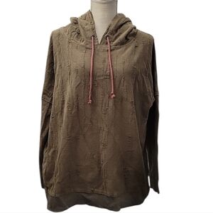 Hyku Brown Distressed Hoodie with Pink Drawstrings